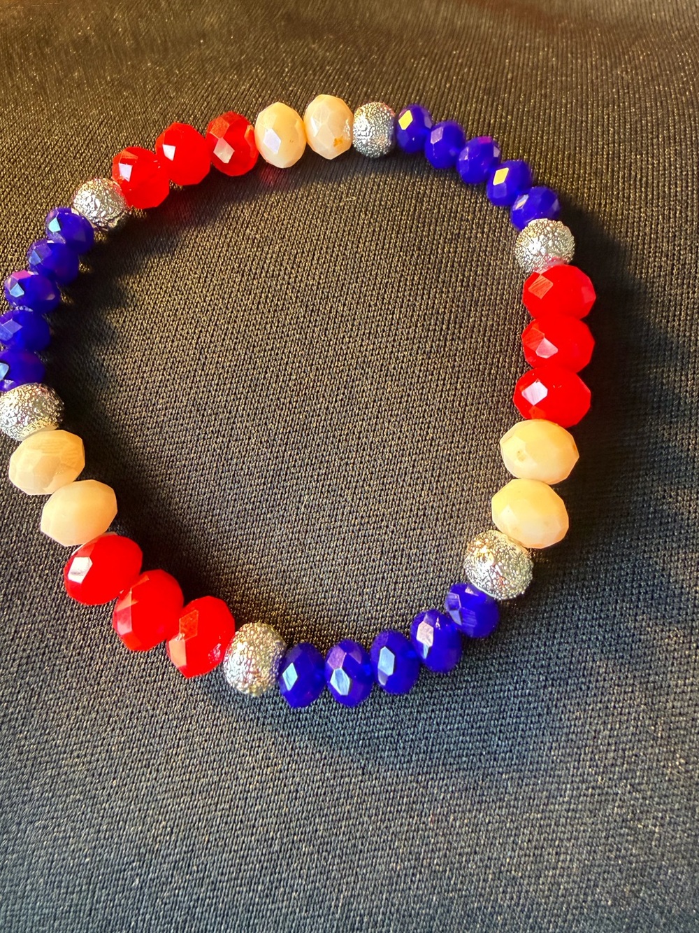 Crystal Bead Stretch Bracelet in Red, Blue, & Silver. Great for 4th of July